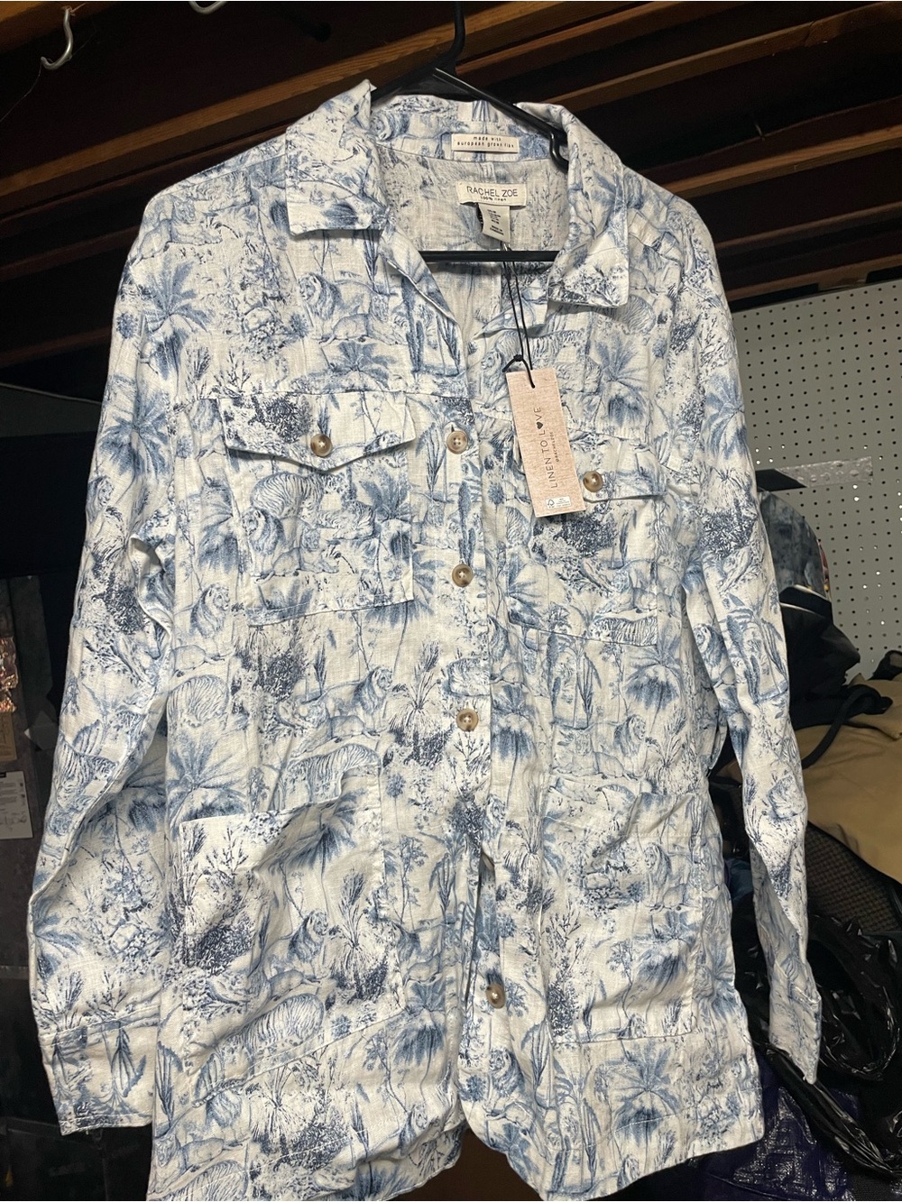Rachel Zoe Blue & White Tropical-Print Linen Shirt Jacket Medium NWT